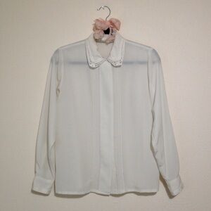 Yves St Clair Petites Sheer Cream Peter Pan Collar Button-up Long Sleeve Blouse